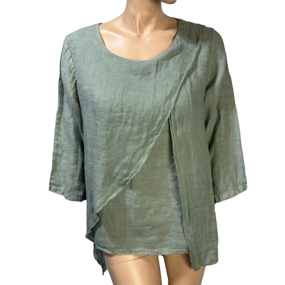 Camille & Co Top Women’s Green Linen Asymmetrical Boho Lagenlook Blouse Size S